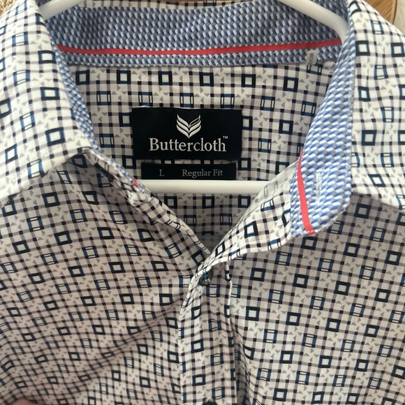 Buttercloth Shirt Mens L Blue Geometric Flip Cuff Casual Dress Button Up - Picture 11 of 11